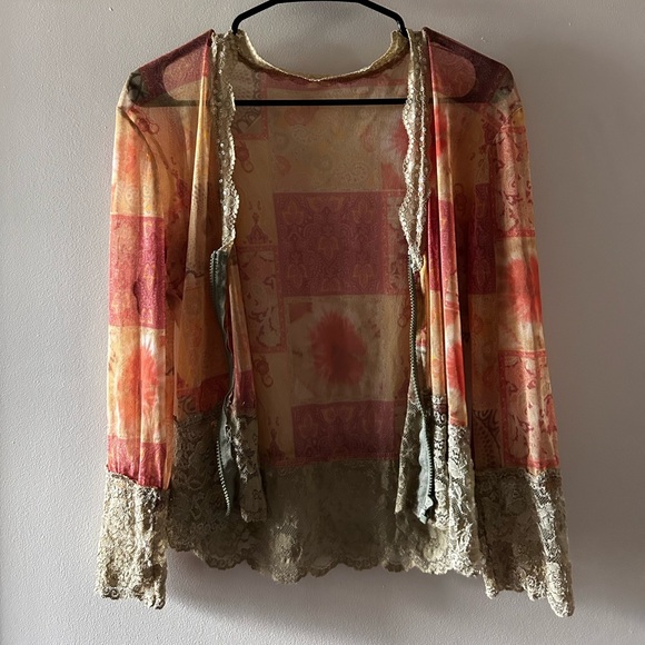 Tops - Vintage Sheer Patchwork Cardigan with Lace Trim